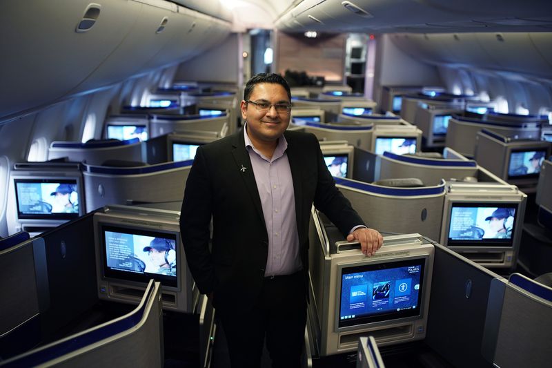 Jaspreet Singh, who works on United Airlines' in-ight entertainment systems, is seen Jan. 15, 2020, aboard a jet at O'Hare International airport in Chicago. (E. Jason Wambsgans / Chicago Tribune)