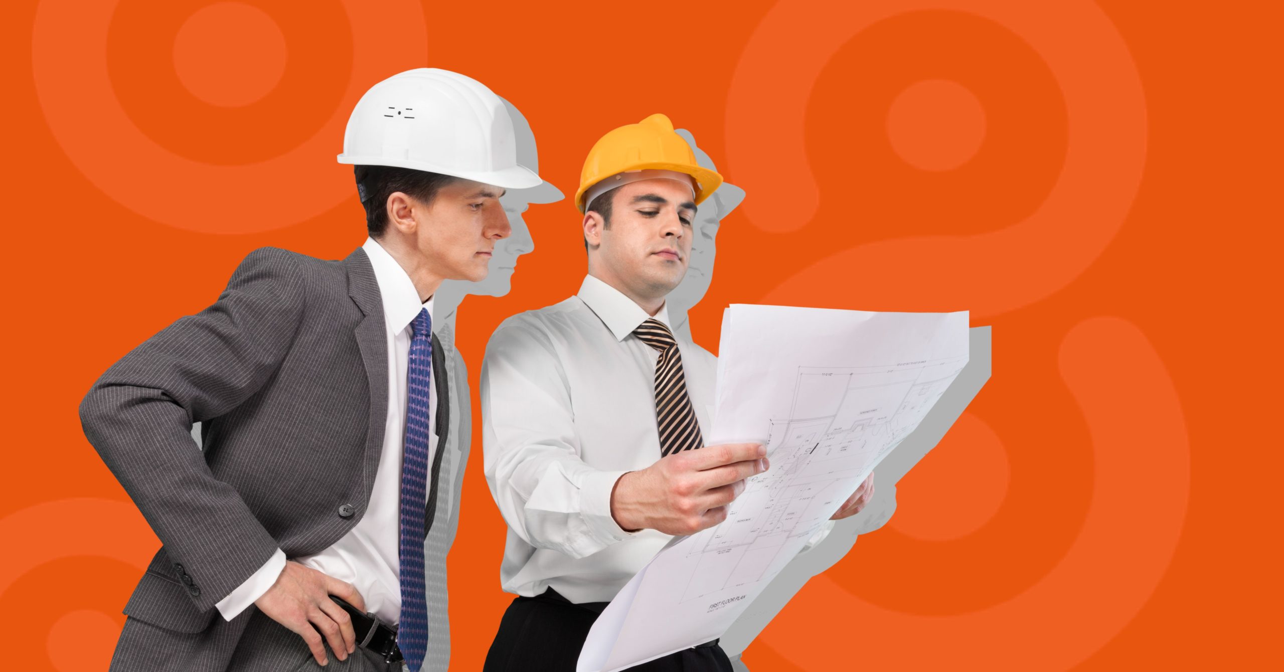 Two men in suits and hard hats looking at floorplan