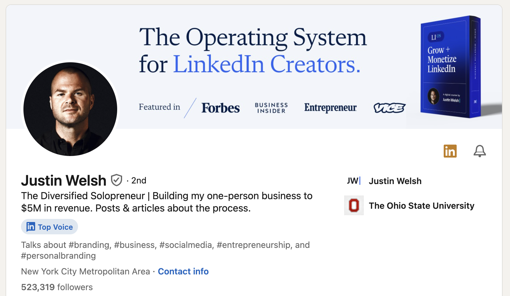 LinkedIn Personal Branding Example - Justin Welsh