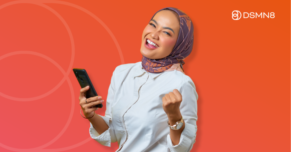 happy employee holding phone