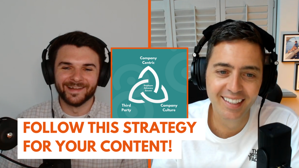 Thumbnail for an episode of the employee advocacy and influence podcast. The image shows co-hosts Lewis Gray and Bradley Keenan with some headline text that reads 'follow this strategy for your content'.