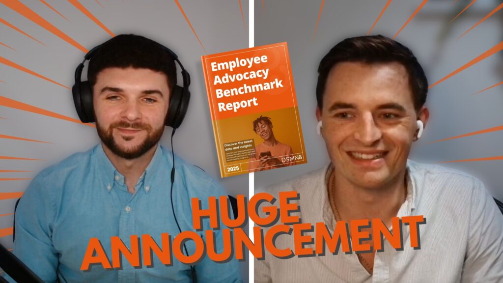 Lewis and Elliot with text highlighting their is a huge announcement. There is a copy of the benchmark report in the middle.