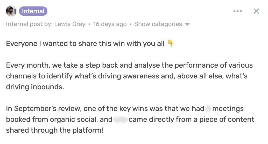Showcasing Employee Advocacy Results Internally: How & Why 6 DSMN8 internal post example