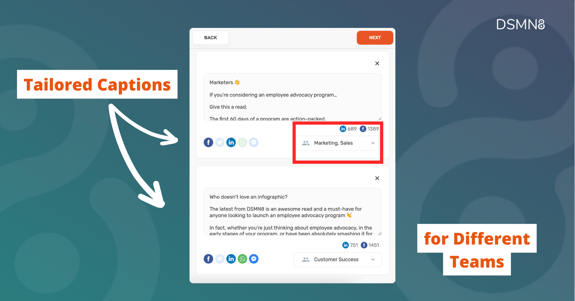 DSMN8 tailored captions for different teams