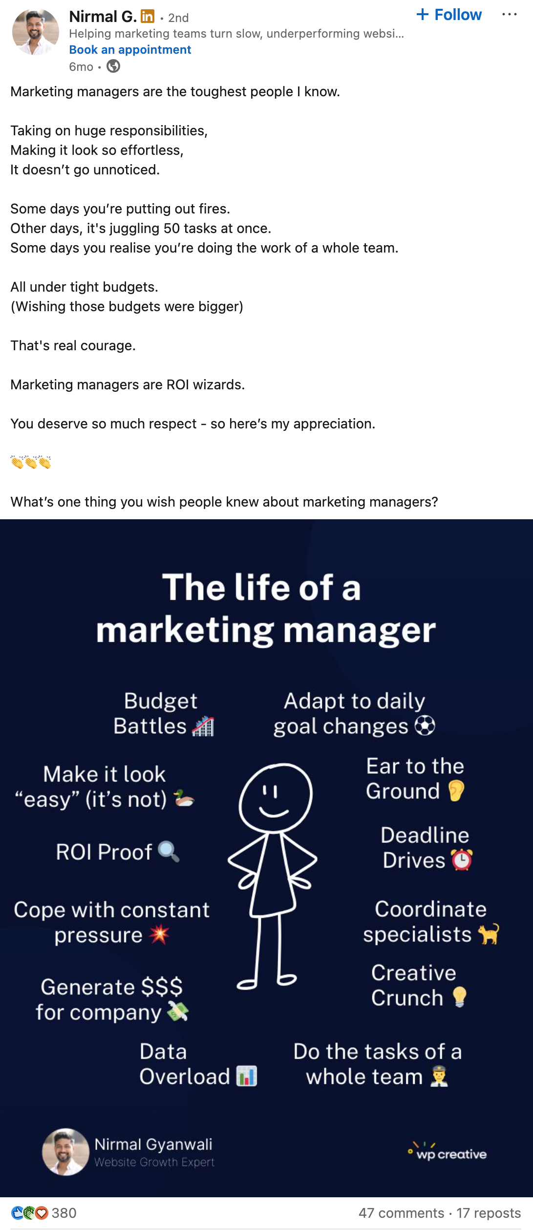 life of marketing manager linkedin post