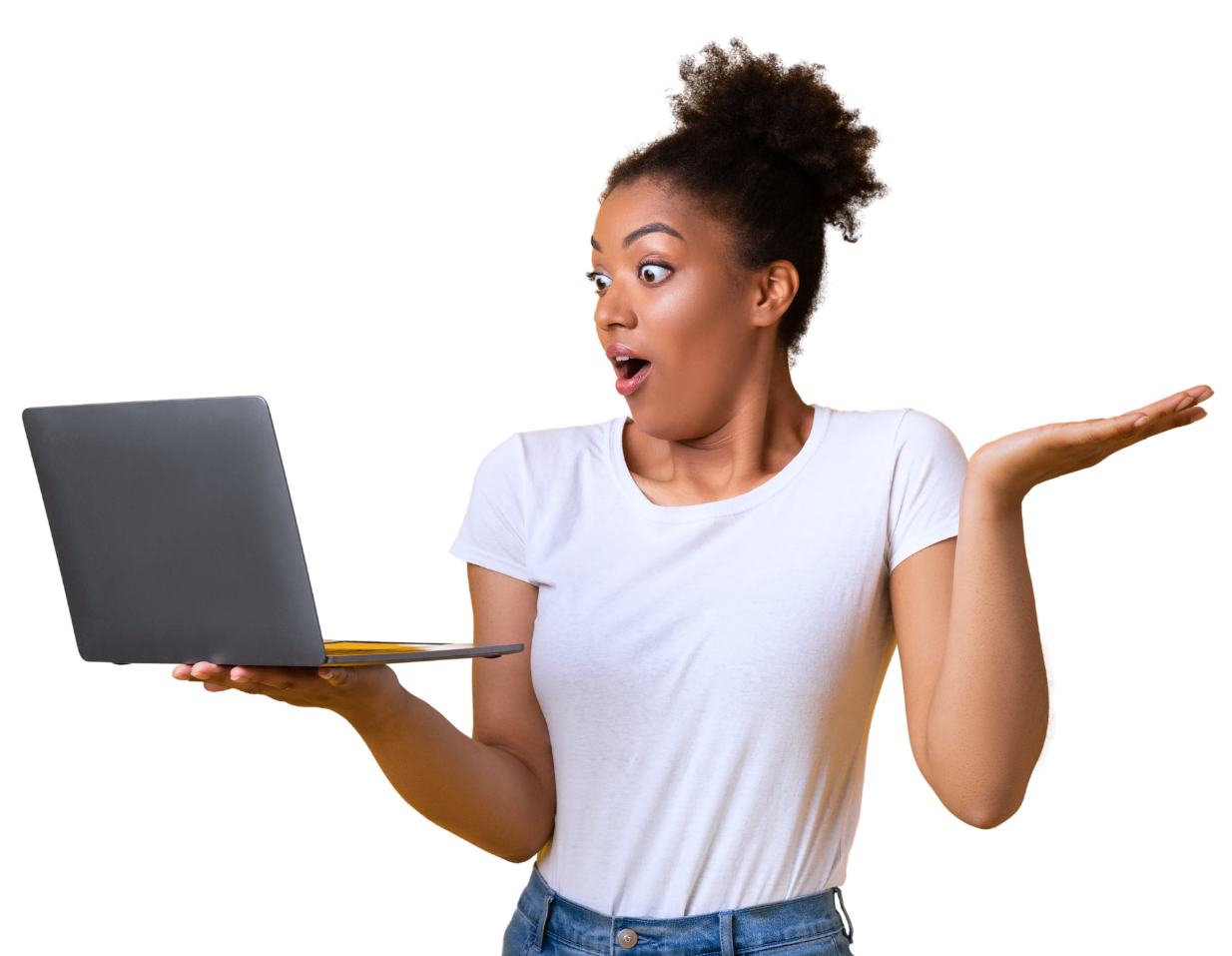 woman looking surprised at laptop