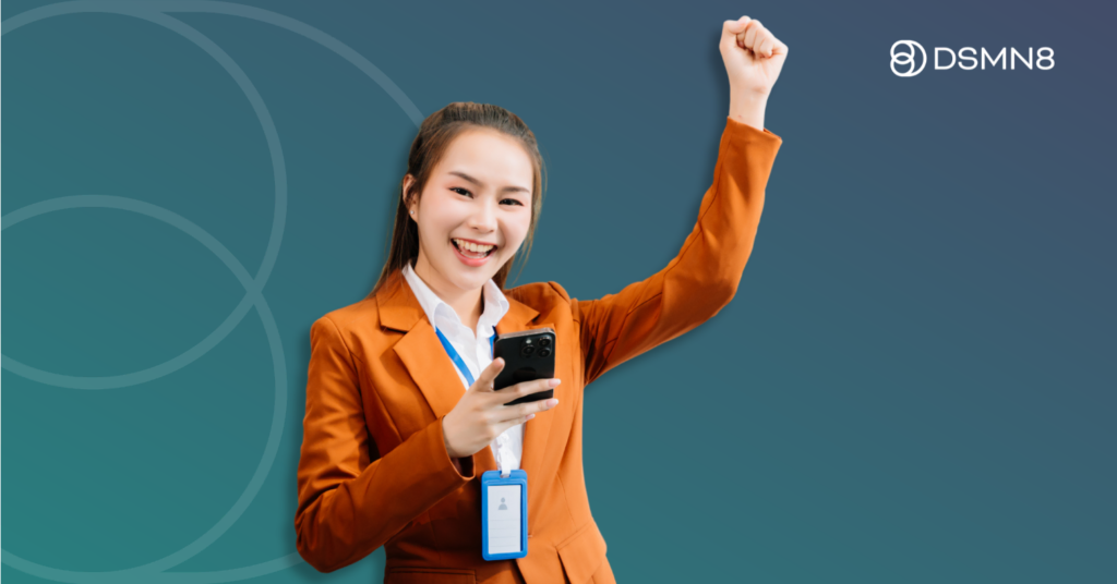 happy employee with fist in air