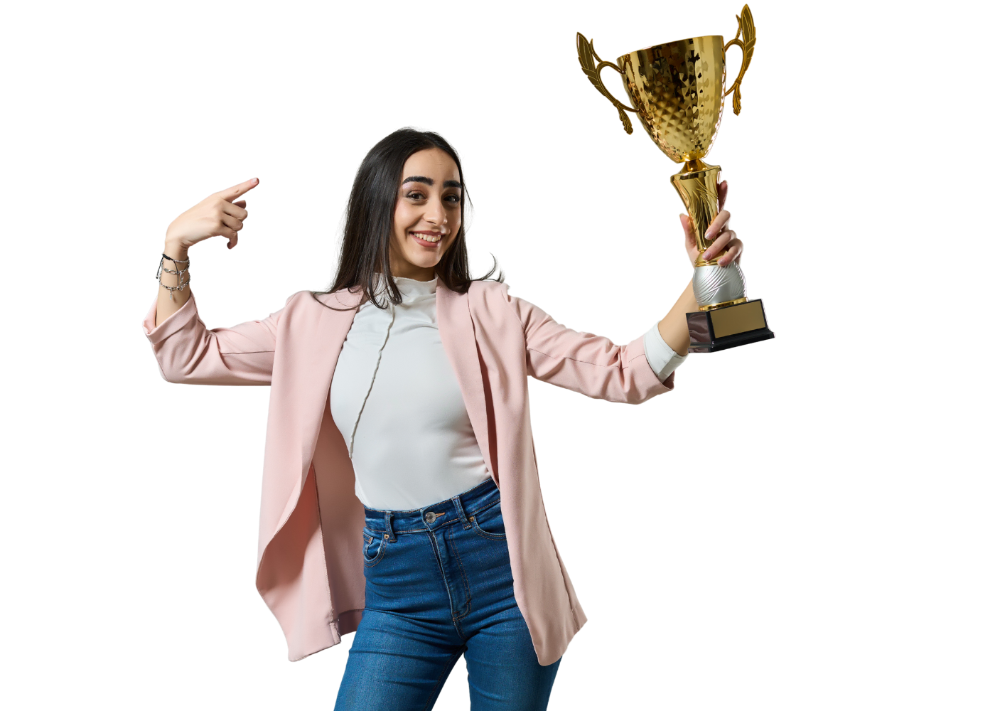 employee holding a trophy prize