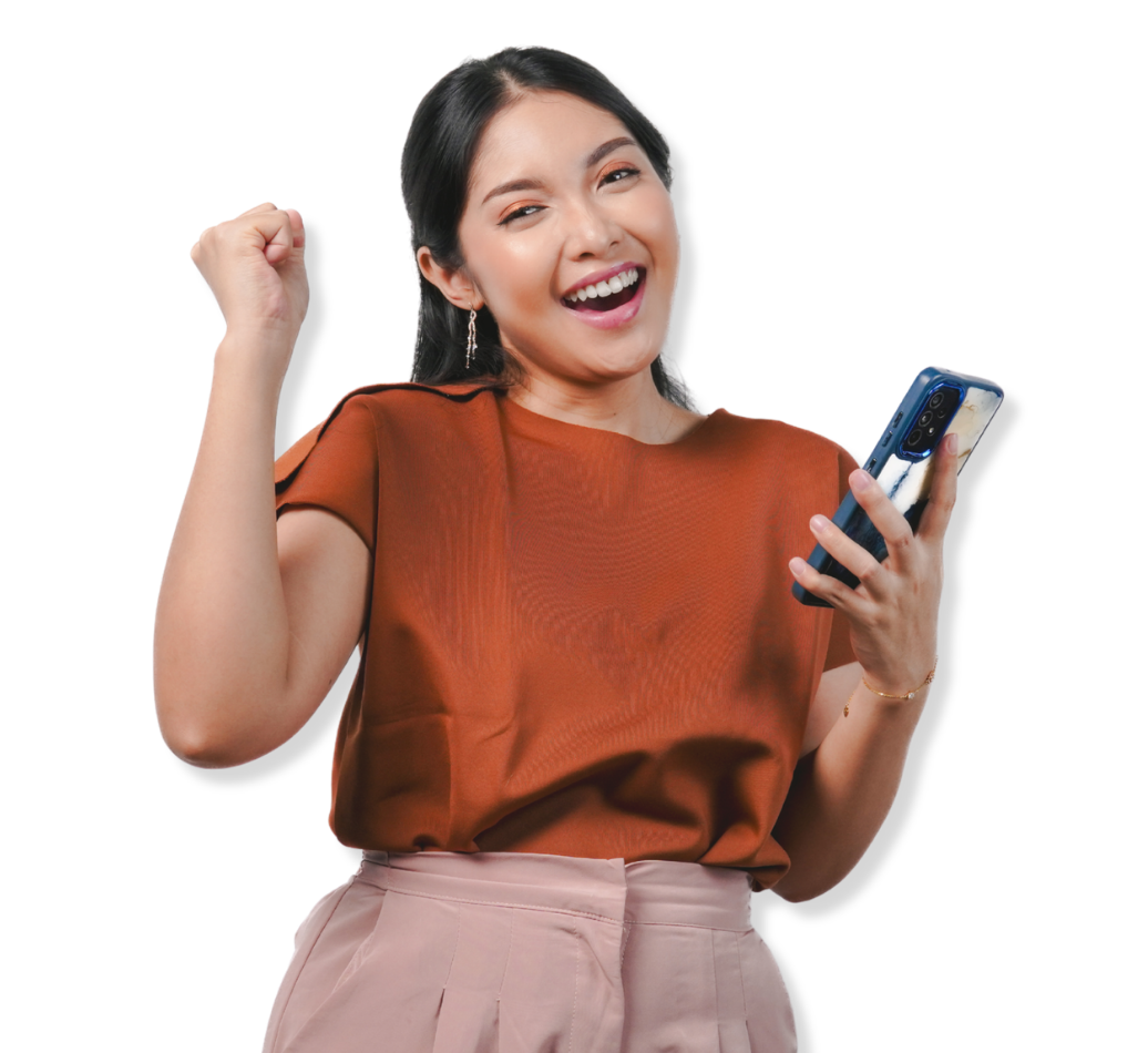 employee celebrating holding phone